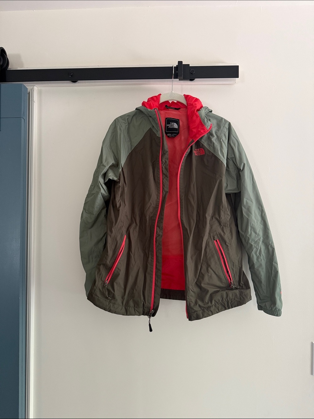 The North Face Olive Green & Coral Hooded Rain Jacket